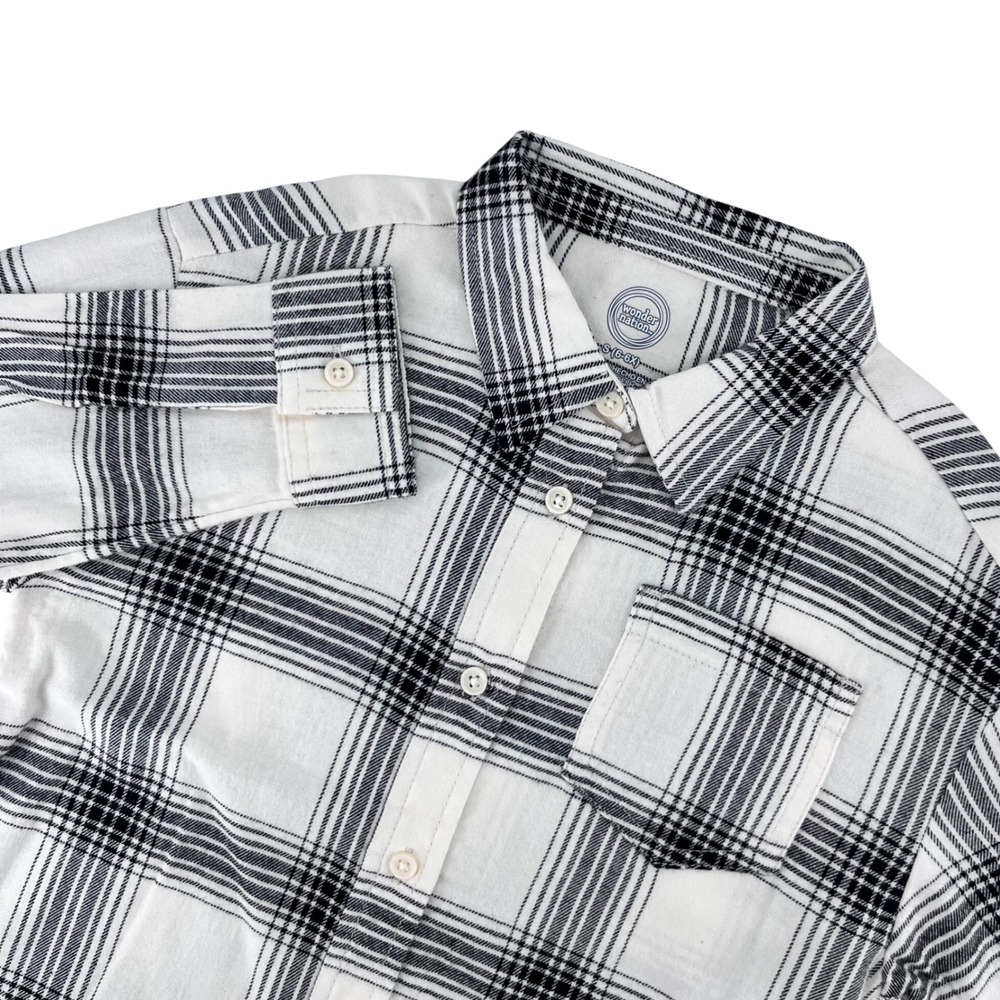 Plaid Flannel Button Up Boys Small 6-6X Black White Plaid Wonder Nation